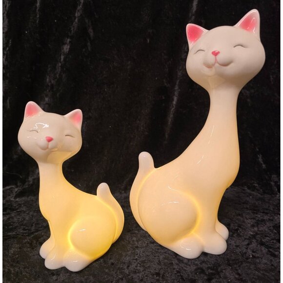 2 Ceramic LED Light-Up Cat 10" & 7" Figurines White Pink Details - Picture 2 of 7